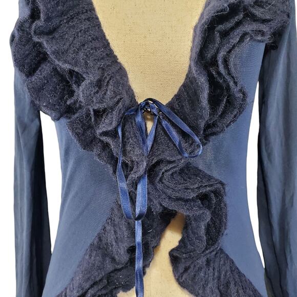 Y2k Euro Cardigan Mesh Navy Blue w/ Ruffle Front & Satin Bow - Small - Picture 3 of 8